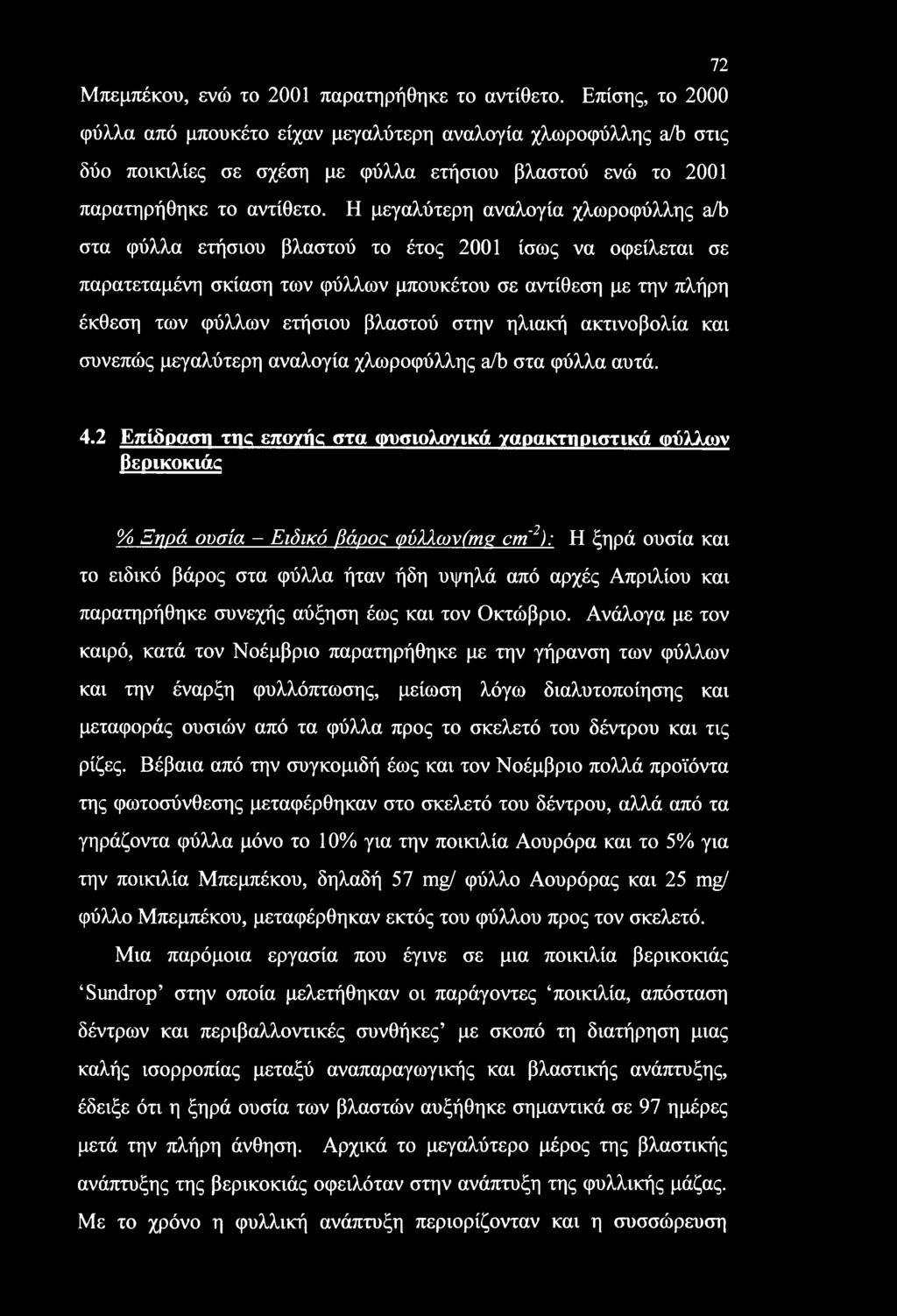 Η μεγαλύτερη αναλογία χλωροφύλλης a/b στα φύλλα ετήσιου βλαστού το έτος 2001 ίσως να οφείλεται σε παρατεταμένη σκίαση των φύλλων μπουκέτου σε αντίθεση με την πλήρη έκθεση των φύλλων ετήσιου βλαστού