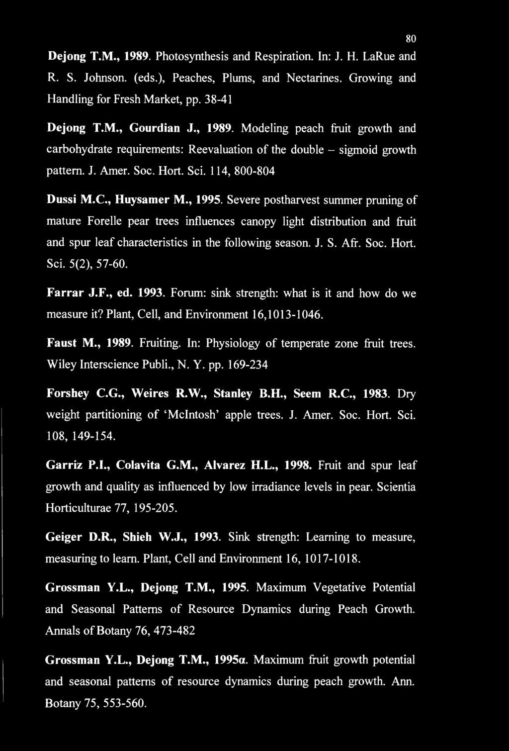 80 Dejong T.M., 1989. Photosynthesis and Respiration. In: J. H. LaRue and R. S. Johnson, (eds.), Peaches, Plums, and Nectarines. Growing and Handling for Fresh Market, pp. 38-41 Dejong T.M., Gourdian J.