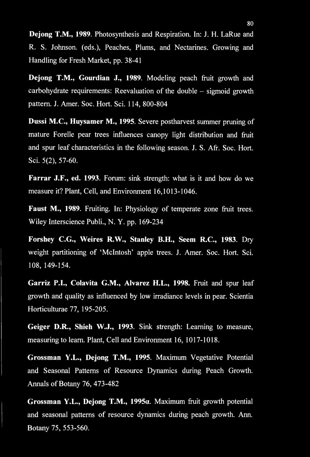 80 Dejong T.M., 1989. Photosynthesis and Respiration. In: J. H. LaRue and R. S. Johnson, (eds.), Peaches, Plums, and Nectarines. Growing and Handling for Fresh Market, pp. 38-41 Dejong T.M., Gourdian J.