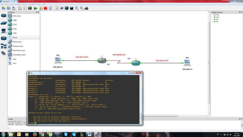 Interface f0/0 Ip address 192.168.1.1 255.255.255.0 Ip route 192.168.0.0 255.255.255.0 192.168.2.1 Do write R2: Enable Configure terminal Interface s1/0 Ip address 192.