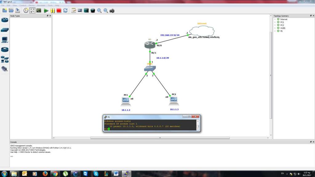 Interface f0/0 Ip nat outside Interface f0/1 Ip nat inside Access-list 1 permit 10.1.1.0 0.0.0.7 Ip nat inside source list 1 int f0/0 overload Show run Ip domain-lookup Show access-lists PCs: PC1 -> ip 10.