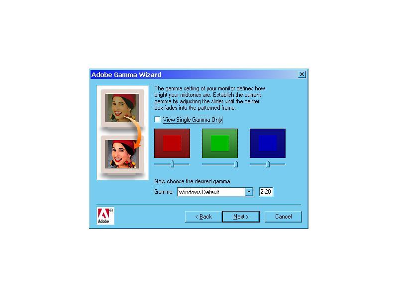 Photoshop αυτό πραγματοποιείται επιλέγοντας "Start/Settings/Control Panel/Adobe Gamma" και στο Paint Shop Pro "File/Preferences/Monitor Gamma".