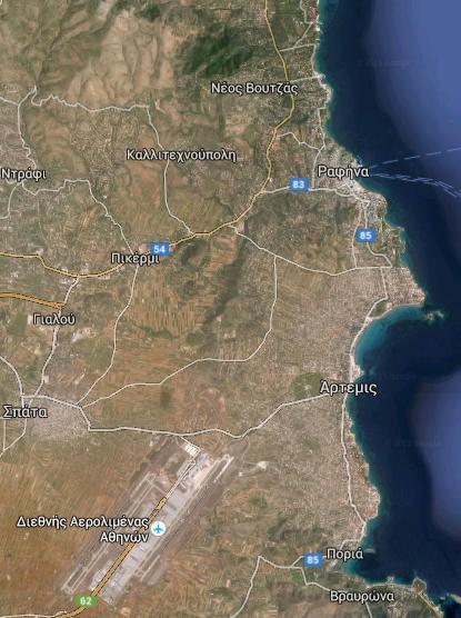 Ραφήνα Ευρύτερη Περιοχή Ραφήνας Λούτσα Σπάτα Αεροδρόμιο Ελ. Βενιζέλος Υπόβαθρο: Google Maps.