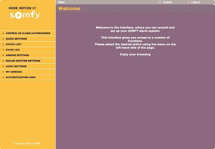 Ρύθμιση παραμέτρων συστήματος συναγερμού μέσω υπολογιστή Εγκατάσταση Σελίδες της οθόνης του μενού Utilisateur (Χρήστης) Αρχική σελίδα (Welcome) Στις