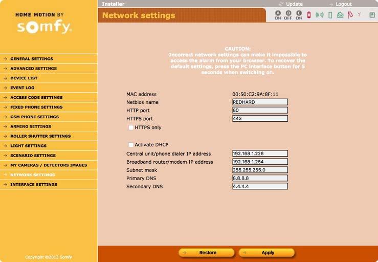 Ρύθμιση παραμέτρων συστήματος συναγερμού μέσω υπολογιστή Εγκατάσταση 1. Δημιουργία του λογαριασμού στον εξυπηρετητή (server) διεύθυνσης Somfy a.