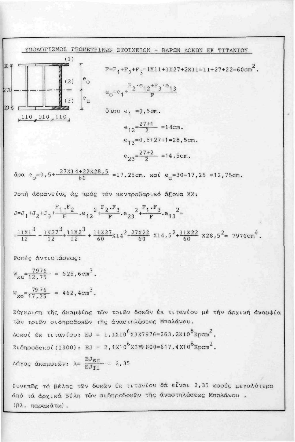 -, lu. ΥΠΟΛΟΓΙΣΜΟΣ ΓΕΩΜΕΤΡΙΚΩΝ ΣΤΟΙΧΕΙΩΝ - ΒΑΡΩΝ ΔΟΚΩΝ ΕΚ ΤΙΤΑΝΙΟΥ (1) 270 20 - ι Β (2) (3) 110. 110,110 = ο ""Γ F όπου e. =0,5cm. 27+1 14cm. 12 2 e 13 =0,5+27+1=28,5cm. 27 + 2 = 14,5cm.