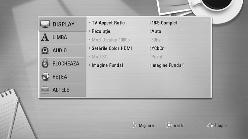 26 Setarea sistemului 3 Setarea sistemului Setări Efectuarea setărilor din Setup (Configurare) Puteţi modifica setările playerului în meniul [Setare]. 1. Apăsaţi HOME (n). 2.