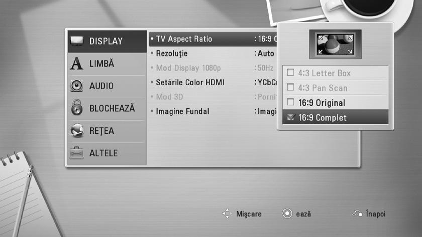 Arată imaginile decupate, astfel încât să intre pe ecranul televizorului. Ambele părţi laterale ale imaginii sunt tăiate. [16:9 Original] Selectaţi dacă folosiţi un televizor 16:9 cu ecran lat.