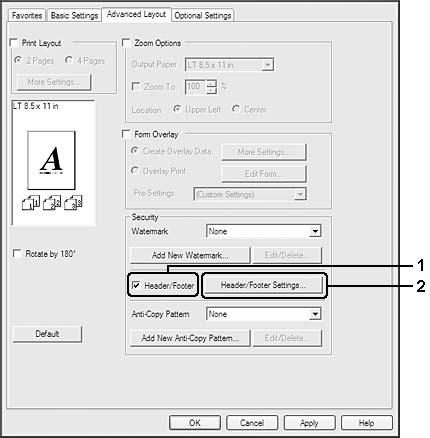 1. Κάντε κλικ στην καρτέλα Advanced Layout. 2. Επιλέξτε το πλαίσιο ελέγχου Header/Footer και, στη συνέχεια, κάντε κλικ στο Header/Footer Settings. 3. Επιλέξτε τα στοιχεία από την αναπτυσσόμενη λίστα.