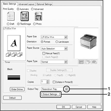 1. Κάντε κλικ στην καρτέλα Basic Settings. 2. Επιλέξτε μια θήκη εξόδου από την αναπτυσσόμενη λίστα Output Tray.