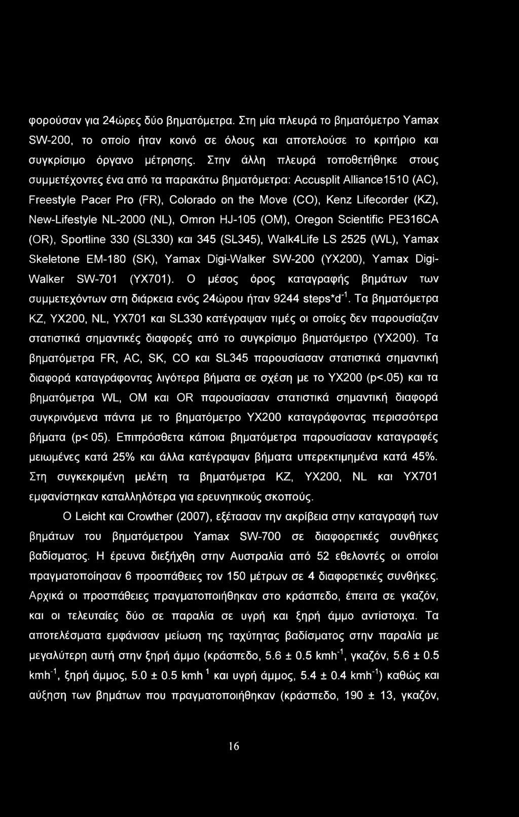 φορούσαν για 24ώρες δύο βηματόμετρα. Στη μία πλευρά το βηματόμετρο Yamax SW-200, το οποίο ήταν κοινό σε όλους και αποτελούσε το κριτήριο και συγκρίσιμο όργανο μέτρησης.