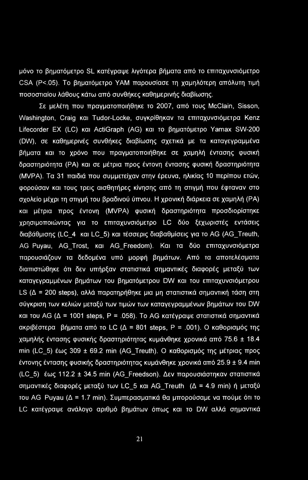 μόνο το βηματόμετρο SL κατέγραψε λιγότερα βήματα από το επιταχυνσιόμετρο CSA (Ρ<.05).