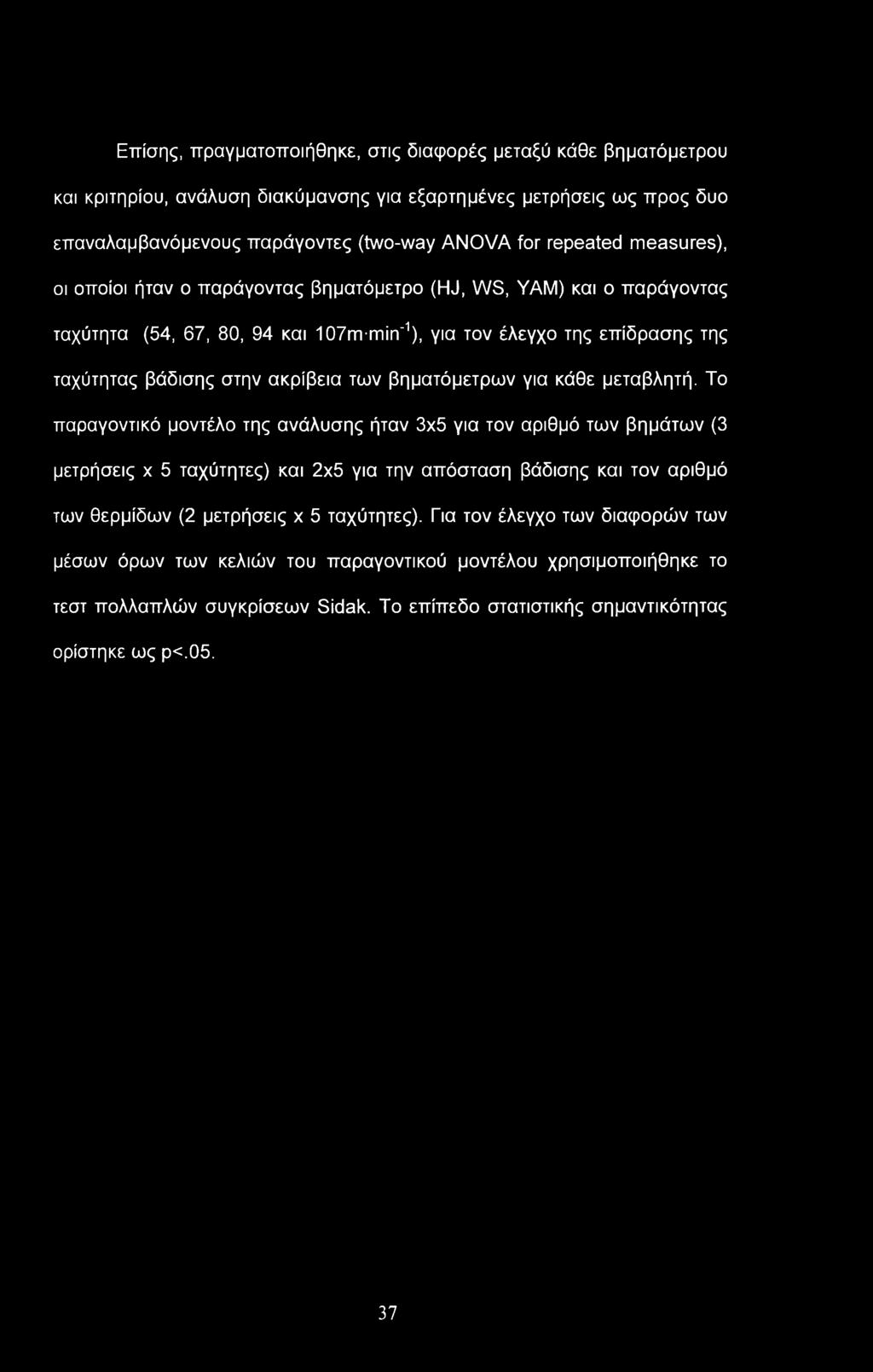 Επίσης, πραγματοποιήθηκε, στις διαφορές μεταξύ κάθε βηματόμετρου και κριτηρίου, ανάλυση διακύμανσης για εξαρτημένες μετρήσεις ως προς δυο επαναλαμβανόμενους παράγοντες (two-way ANOVA for repeated
