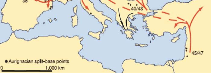 Με τόξα μαύρου χρώματος πιθανοί «οδοί» «διάχυσης» των Ανατομικά Σύγχρονων Ανθρώπων στον ελλαδικό χώρο. (Πηγή:τροποποιημένη από Mellars 20