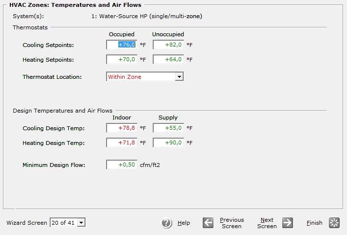 Βήμα 2 ο : HVAC Zones : Temperatures and Air Flows Θερμοκρασίες Σχεδιασμού Για Σύστημα Θέρμανσης και Ψύξης Thermostat Setpoints : Στο πεδίο αυτό δίδονται οι θερμοκρασιακές ρυθμίσεις του θερμοστάτη.