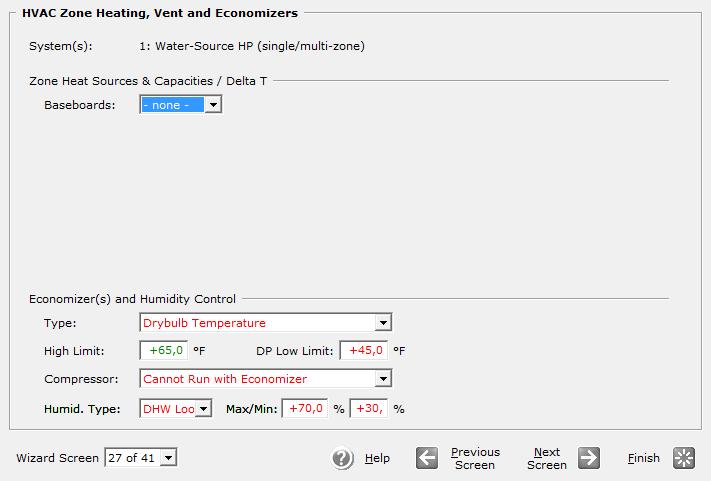 Βήμα 5 ο : HVAC Zone Heating, Vent and Economizers Ζώνη Θέρμανσης, Εξαερισμού και Εξοικονόμηση Zone Heat Sources & Capacities / Delta T : Στο πεδίο baseboards επιλέγεται την επιλογή «none».
