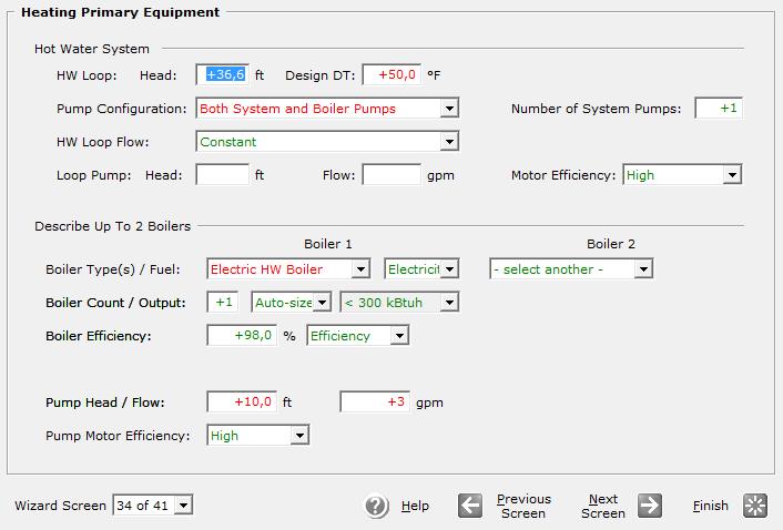 Βήμα 7 ο : Heating Primary Equipment - Στοιχεία Λειτουργίας της Μονάδας Θέρμανσης του Αέρα Hot Water System : Στο Hot Water Loop ορίζεται για το βρόχο, στο πεδίο Head η τιμή «36,6 ft» (υδραυλικές