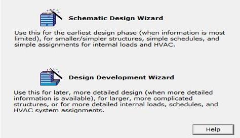 4.3 Μοντελοποίηση κτηρίου Βήμα 1 ο : Wizard Selection Κατά την έναρξη του προγράμματος equest στην οθόνη εργασίας του εμφανίζονται οι παρακάτω δύο επιλογές.
