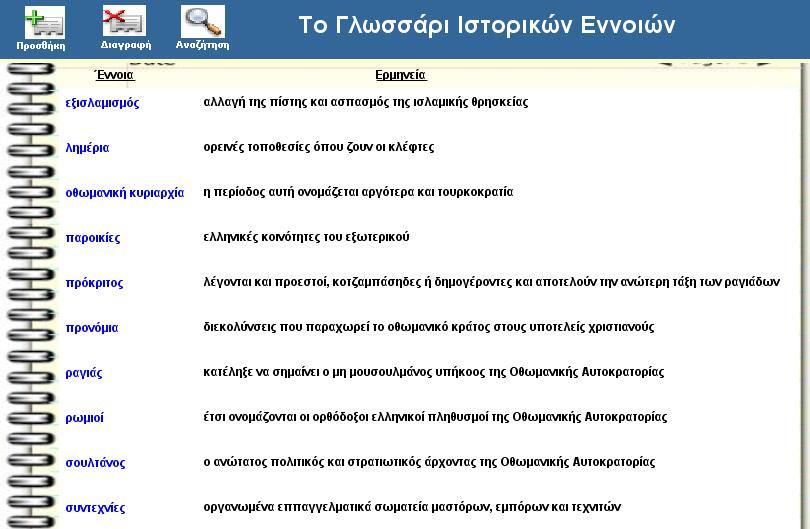 Κάθε λίστα περιλαµβάνει προκαθορισµένες επιλογές, που παρουσιάζουν το χαρακτήρα µιας ιστορικής πηγής (πρωτογενή και δευτερογενή), τη µορφή της (γραπτή, οπτική, ηχητική κ.