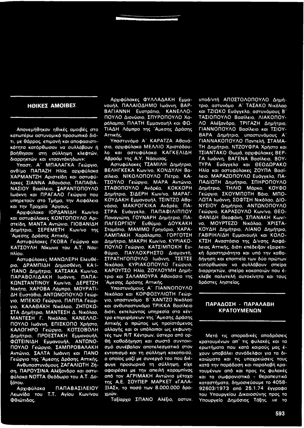 Α ' ΜΠΑΛΑΓΚΑ Γεώργιο, ανθ/μο ΠΑΠΑΖΗ Ηλία, αρχιφύλακα ΧΑΡΜΑΝΤΖΗ Αριστείδη και αστυφύλακες ΣΙΑΝΝΑ Αθανάσιο, ΠΑΠΑΘΑ ΝΑΣΙΟΥ Βασίλειο, $ΑΡΑΝΤΟΠΟΥΛΟ Ιωάννη και ΠΡΑΓΑΛΟ Γεώργιο που υπηρετούν στο Τμήμα, την