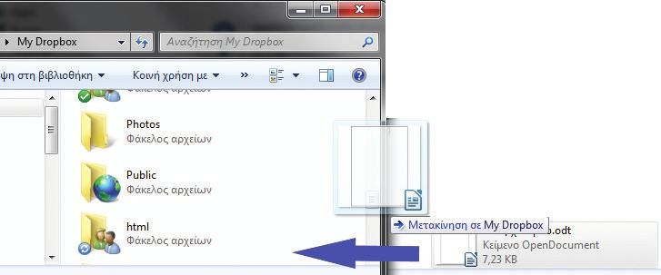 1 3 2 4 Εικόνα 13.2. Ανέβασμα αρχείου στο dropbox μέσα από την εφαρμογή του dropbox για Windows.