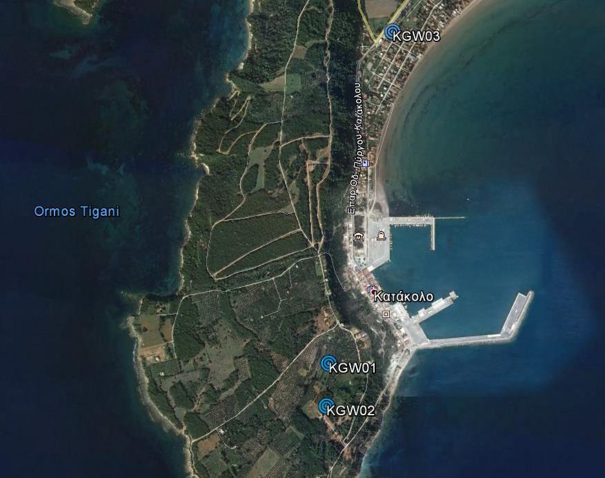 Σχήμα 3.11.4.1-1: Θέσεις δειγματοληψίας υπογείων υδάτων στην ευρύτερη περιοχή του Κατάκολου Πηγή: Google Earth 3.11.4.2 Παράμετροι Παρακολούθησης Οι παράμετροι, οι οποίες αναλύθηκαν για κάθε ένα από τα δείγματα, παρουσιάζονται στον πίνακα 3.