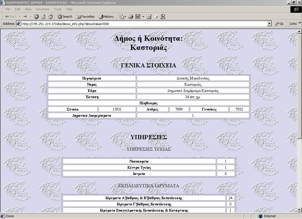 Το αρχείο dimos_info.php είναι αυτό που ενεργοποιείται από το σύνδεσμο, το οποίο και δίνει τις πληροφορίες για το συγκεκριμένο δήμο.
