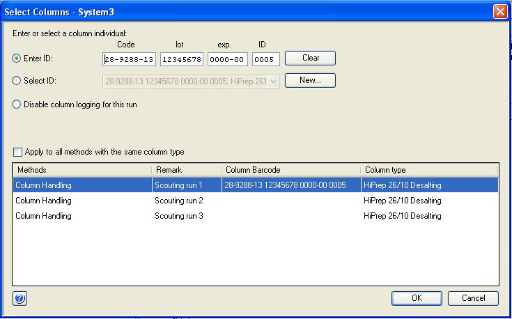 6 Εκτέλεση μεθόδου 6.3 Έναρξη ανάλυσης μεθόδου Βήμα 5 Ενέργεια Στο παράθυρο διαλόγου Select Columns: Κάντε κλικ στην επιλογή Enter ID.