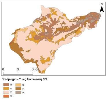 Εικόνα 4.10. Χάρτης κατανομής αριθμού καμπύλης (CN) στην υδρολογική λεκάνη του Ξεριά. Πίνακας 4.4. Μέσος αριθμός καμπύλης (CN) για τις δύο υπό μελέτη λεκάνες.