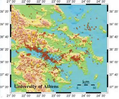 Εικ 1.8 & 1.9 Χωρική κατανομή των σεισμικών επικέντρων στον Κορινθιακό κόλπο και τις γύρω περιοχές των περιόδων 1900-2000 (άνω) και 1996-2008 (κάτω).
