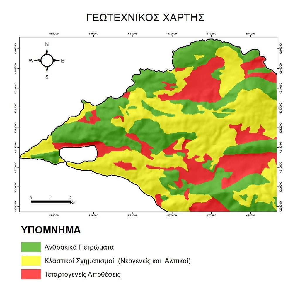 Γεωτεχνικός Χάρτης Για την κατασκευή του Γεωτεχνικού Χάρτη χρησιμοποιήθηκε ένα αρχείο γεωλογίας, στο οποίο οι αρχικοί γεωλογικοί σχηματισμοί, από το γεωλογικό χάρτη, κατηγοριοποιήθηκαν σε τρεις