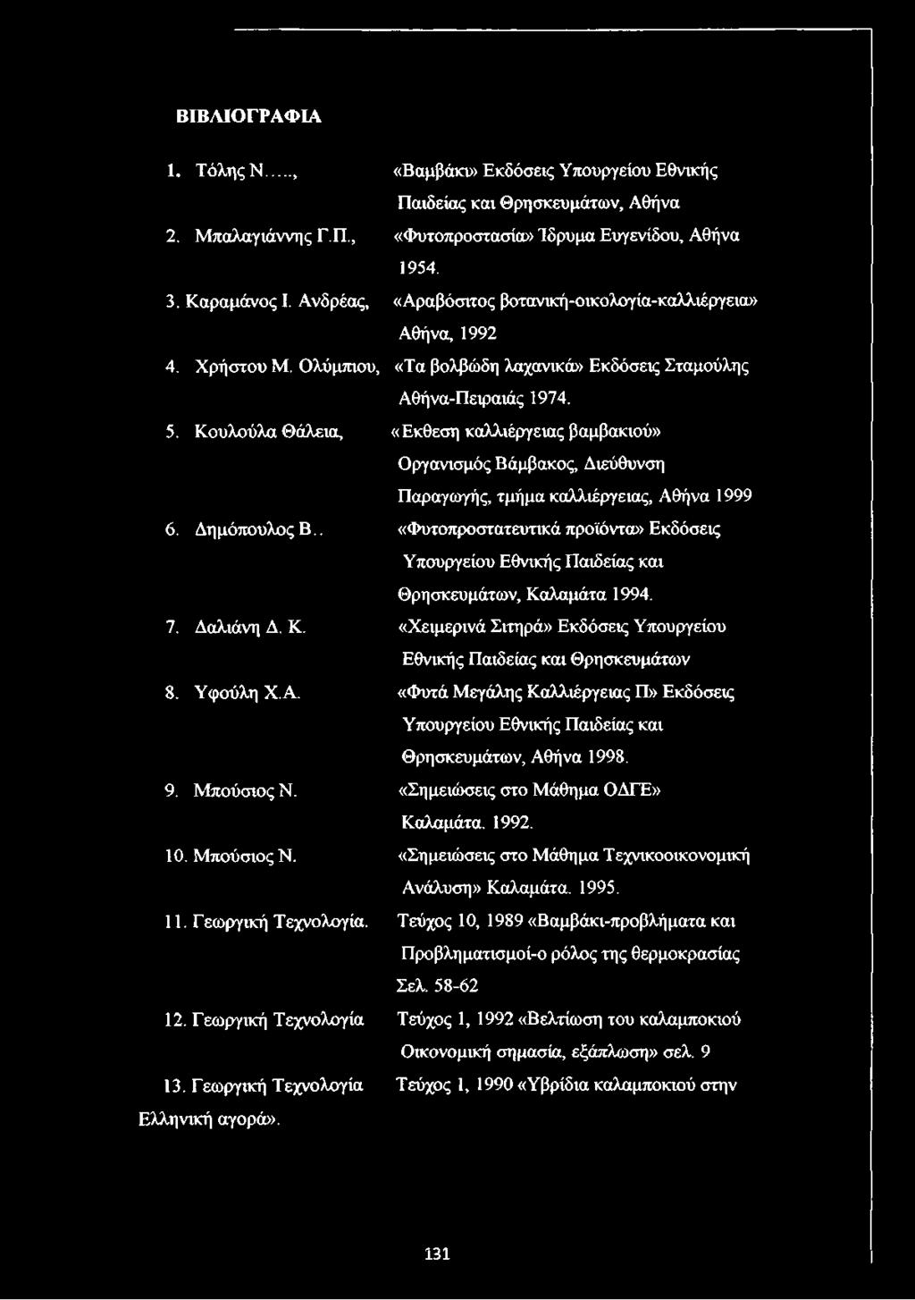 «Βαμβάκι» Εκδόσεις Υπουργείου Εθνικής Παιδείας και Θρησκευμάτων, Αθήνα «Φυτοπροστασία» Ίδρυμα Ευγενίδου, Αθήνα 1954.