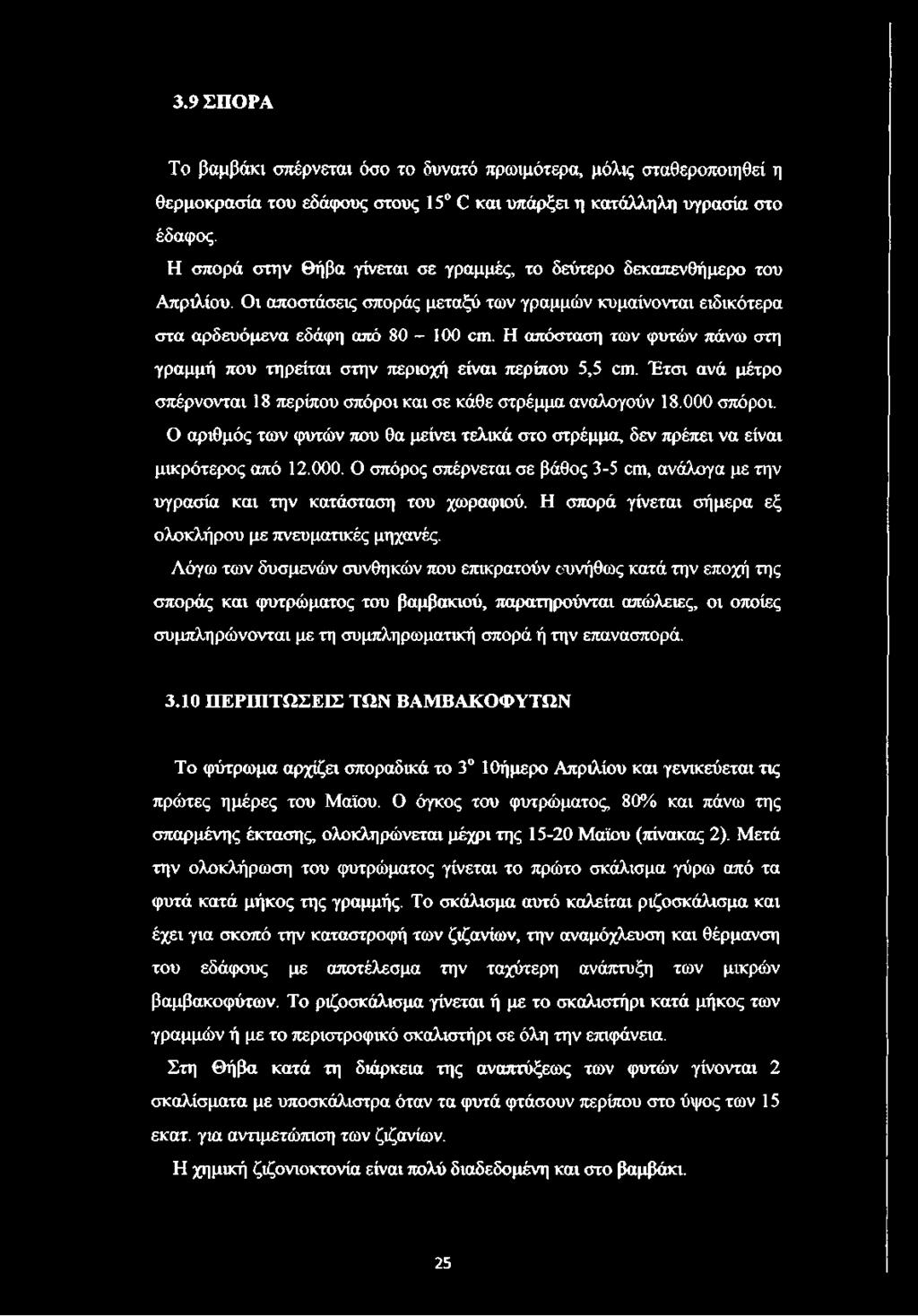 Η απόσταση των φυτών πάνω στη γραμμή που τηρείται στην περιοχή είναι περίπου 5,5 αιι. Έτσι ανά μέτρο σπέρνονται 18 περίπου σπόροι και σε κάθε στρέμμα αναλογούν 18.000 σπόροι.