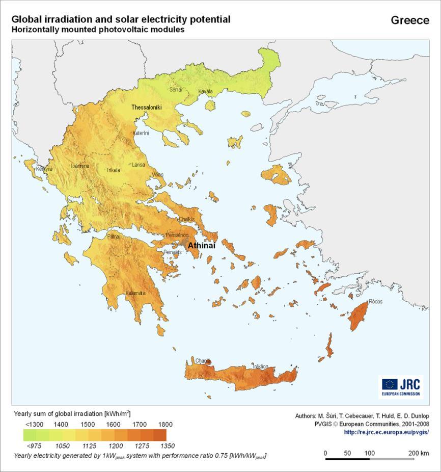 Σχήμα 9: Ηλιακή ακτινοβολία στην Ελλάδα