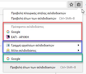 Εικόνα 52 Προβολή σελιδοδεικτών από το μενού 4.2.2.3 Γραμμή σελιδοδεικτών Η γραμμή σελιδοδεικτών είναι ένας εύκολος τρόπος για να έχετε πρόσβαση στους σελιδοδείκτες σας.