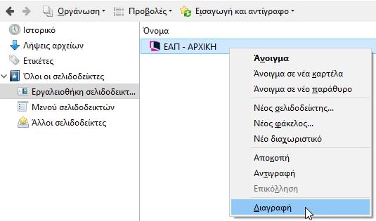 Εικόνα 56 Επεξεργασία στοιχείων σελιδοδείκτη Τέλος, για να διαγράψετε έναν σελιδοδείκτη, κάντε δεξί κλικ πάνω του και επιλέξτε Διαγραφή. Εικόνα 57 Διαγραφή σελιδοδείκτη από την Βιβλιοθήκη 4.2.