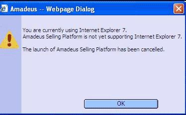 Amadeus Selling Platform Από τις 10 Οκτωβρίου, η εκκίνηση του Amadeus Selling Platform θα διακόπτεται εάν βρεθεί εγκατεστηµένο το ΙΕ 7 και θα εµφανίζεται το παρακάτω µήνυµα: 9-11 ΟΚΤ 13:00-18:00