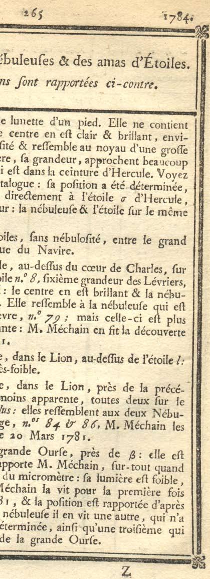 Мала статистика Месијеових објеката Charles Messier 1781: Connoissance des Temps for 1784, страна 264-265 (љубазношћу: Bureau de Longitudes (BDL), Paris Када је Шарл Месије посматрао објекте који ће