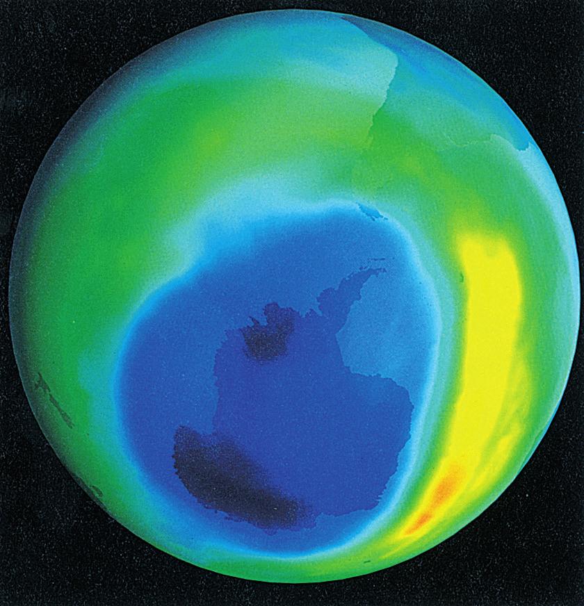 φωτ. 1 Η τρύπα του όζοντος, όπως καταγράφηκε από τη NASA τον Οκτώβριο του 1995, καλύπτει ένα μέρος του Ν.