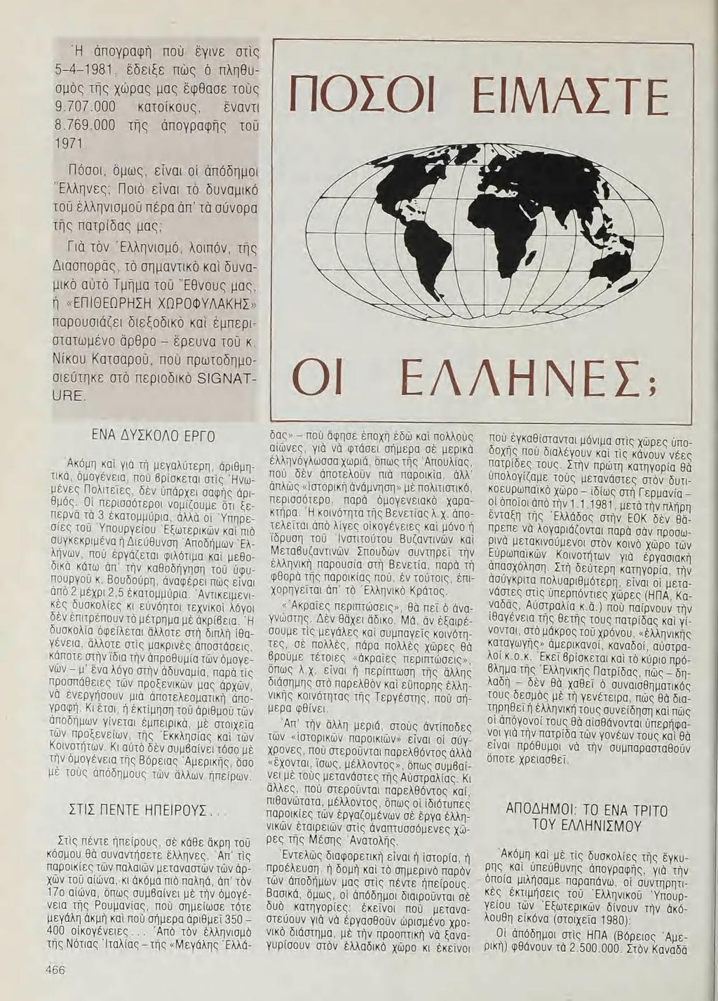 Η ἀπογραφῆ που ἔγινε στὶς 5 4 1981, ἔδειξε Πῶς ὁ πληθυσμὸς Τῆς χώρας μας ἔφθασε τους 9.707.000 κατσίκους, ἔναντι 8.769.000 τῆς ἀπογραφῆς τοῦ 1971.