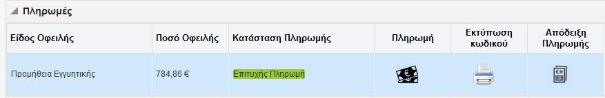 Την απόδειξη πληρωμής για την οφειλή της προμήθειας της εγγυητικής μπορούμε να την εκτυπώσουμε, αφού έχει εγκριθεί η αίτησή μας, από το πεδίο Απόδειξη πληρωμής όπως φαίνεται στη παρακάτω εικόνα 5.