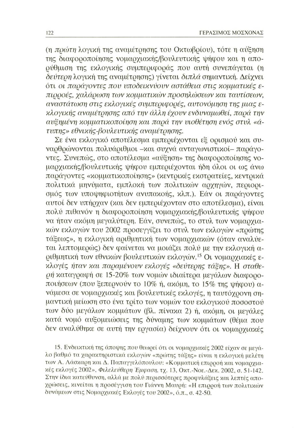 122 ΓΕΡΑΣΙΜΟΣ ΜΟΣΧΟΝΑΣ (η πρώτη λογική της αναμέτρησης του Οκτωβρίου), τότε η αύξηση της διαφοροποίησης νομαρχιακής/βουλευτικής ψήφου και η απορύθμιση της εκλογικής συμπεριφοράς που αυτή συνεπάγεται