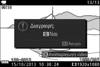 Διαγραφή Video Για να διαγράψετε το τρέχον video, πατήστε το O. Θα εμφανιστεί ένα πλαίσιο διαλόγου επιβεβαίωσης.