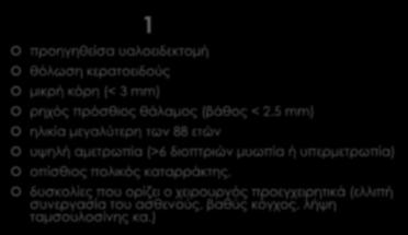 Παράγοντες κινδύνου 1 προηγηθείσα υαλοειδεκτομή θόλωση κερατοειδούς μικρή κόρη (< 3 mm) ρηχός πρόσθιος θάλαμος (βάθος < 2.