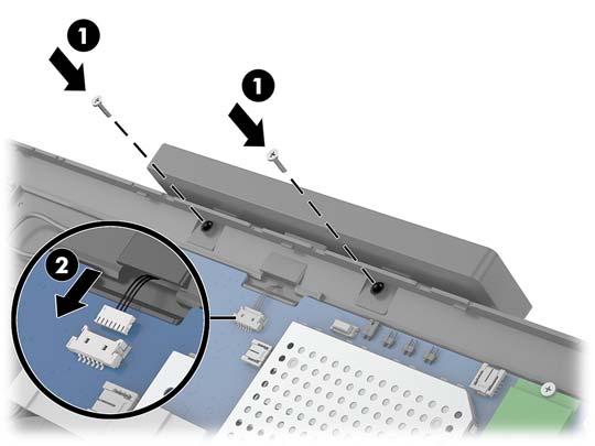 7. Τοποθετήστε τις δύο βίδες που στερεώνουν την οθόνη CFD στην κεντρική μονάδα υπολογιστή (1) και, στη συνέχεια, συνδέστε το καλώδιο της οθόνης CFD στην υποδοχή της κάρτας συστήματος (2).