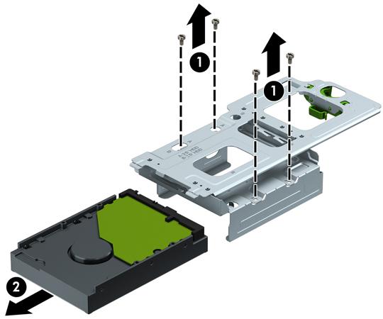 Εάν θέλετε να αφαιρέσετε μια μονάδα σκληρού δίσκου 2,5 ιντσών, αφαιρέστε τις τέσσερις βίδες που ασφαλίζουν τη μονάδα στη θήκη της μονάδας δίσκου (1) για να απελευθερώσετε τη μονάδα (2). 10.