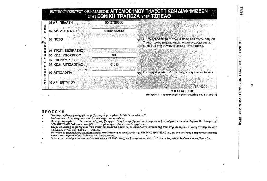 π Ε Δ I Λ ^0 θ Ο ΝΗ Σ Τ Ρ Α Π Ε Ζ Α Σ ΕΝΤΥΠΟ ΣΥΓΚΕΝΤΡΩΤΙΚΗΣ ΚΑΤΑΘΕΣΗΣ ΑΓΠΕΛΙΟΣΗΜΟΥ ΤΗΛΕΟΠΤΙΚΩΝ ΔΙΑΦΗΜΙΣΕΩΝ - ΣΤΗΝ ΕΘΝΙΚΗ ΤΡΑΠΕΖΑ υ π έ ρ ΤέΙίΕΑΘ 01 ΑΡ. ΠΕΛΑΤΗ 02 ΑΡ.