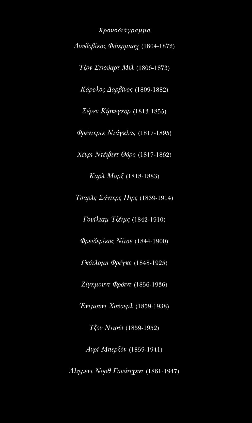 Χ ρονοδιάγραμμα Λουδοβίκος Φόιερμπαχ (1804-1872) Τζον Στιούαρτ Μ ιλ (1806-1873) Κάρολος Δαρβίνος (1809-1882) Σέρεν Κίρκεγκορ (1813-1855) Φρέντερικ Ντάγκλας (1817-1895) Χένρι Ντέιβιντ Θόρο (1817-1862)
