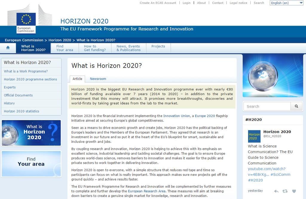 Ευρωπαϊκή Ένωση Horizon 2020: Πρόγραμμα ενίσχυσης έρευνας και καινοτομίας της Ε.Ε. Σκοπός: η ενίσχυση της ανταγωνιστικότητας της Ε.Ε. 80 δισεκατομμύρια Ευρώ χρηματοδότηση για 7 χρόνια (2014 to 2020) σε συγκεκριμένους πυλώνες / στόχους Ιωάννης Μ.