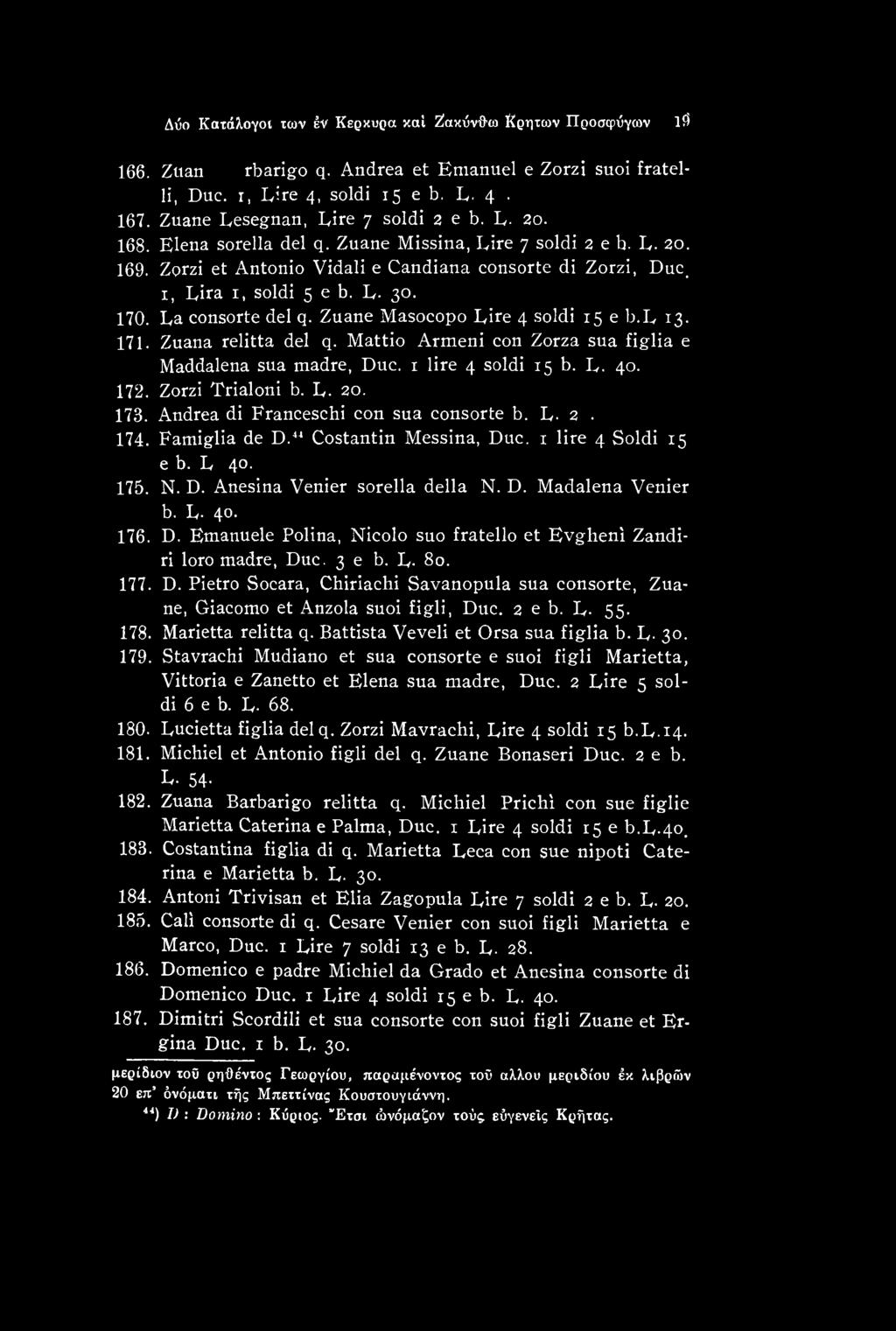 Zuane Masocopo Lire 4 soldi 15 e b.l 13. 171. Zuana relitta del q. Mattio Armeni con Zorza sua figlia e Maddalena sua madre, Due. 1 lire 4 soldi 15 b. L. 40. 172. Zorzi Trialoni b. L. 20. 173.